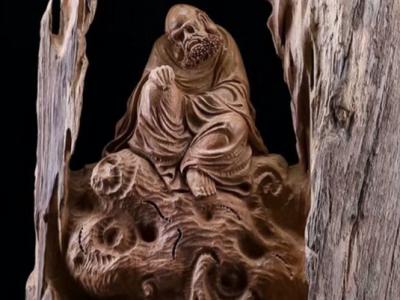 千年风化老香樟木「达摩悟道」木雕