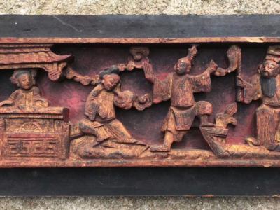 绦环板「吕洞宾三戏白牡丹」木雕板